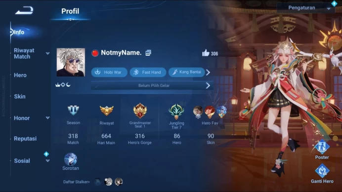 [GLOBAL] 86 Hero | 90 Skin | Jungle T7 | Blessed Nakoruru | Legend Musashi | Dharma Saint Seiya | Detail Cek SS | HOK258B