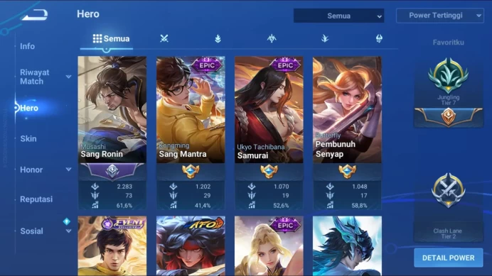 [GLOBAL] 86 Hero | 90 Skin | Jungle T7 | Blessed Nakoruru | Legend Musashi | Dharma Saint Seiya | Detail Cek SS | HOK258B