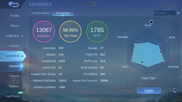 ML14//Epic Level 138 Winrate 58% 132 Heroes 667 Skins Mythic Glory 61 Stars LEGEND Franco Gusion Valir Lunox KOF Full Attack on Titan