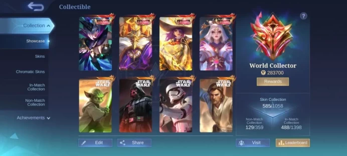 ML19//Mythic Level 124 130 Heroes 585 Skins Winrate 51% World Collector Star War Full Naruto Sasuke Kalia Esmarlda 11 Xbrong 4 Legend Collect 9 