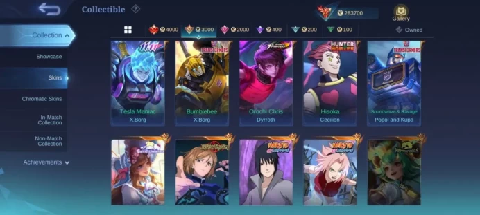 ML19//Mythic Level 124 130 Heroes 585 Skins Winrate 51% World Collector Star War Full Naruto Sasuke Kalia Esmarlda 11 Xbrong 4 Legend Collect 9 