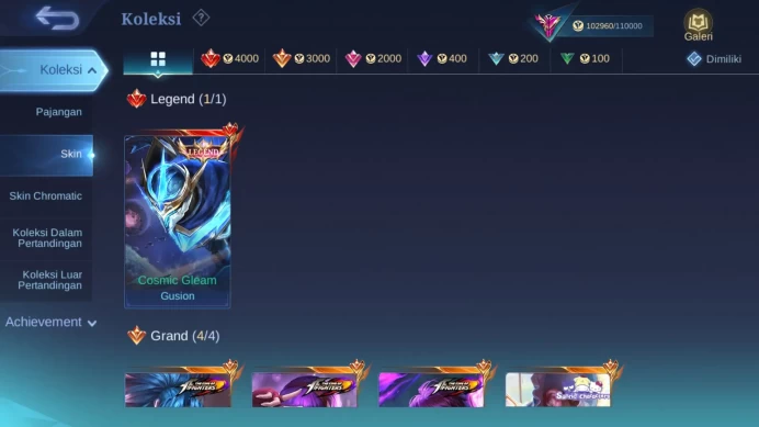 Hero 128 | Skin 342 | Legend Gusion | KOF Dyrroth, Guinevere, Karina | Collector Yisunshin, Silvanna | Stunt Chou ML1050B