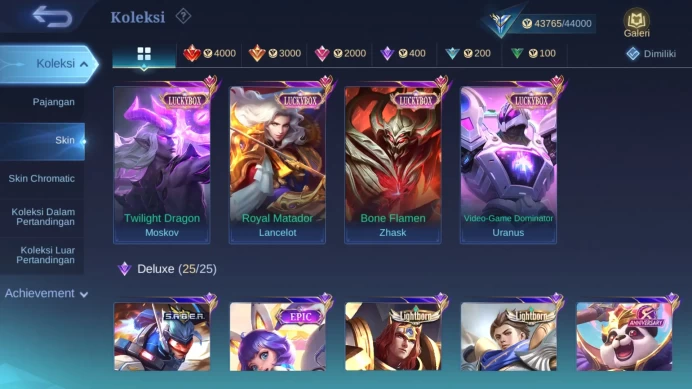 Hero 62 | Skin 162 | Aspirant Ruby | Luckybox Lancelot, Moskov, Zhask, Uranus | Zodiac Badang | Lightborn Fanny, Alucard ML1084B