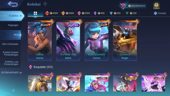 Hero 128 | Skin 327 | Legend Gusion | Abbys Alpha | Kof Aurora | Collector Lesley | Luckybox Irithel, Odette, Uranus ML1091B