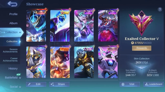 Hero 131|Skin 363|Legend Gusion|KOF Karina|Luckybox Eudora Uranus|Epic Alice Lance|Sparkle Fredrinn ML078B