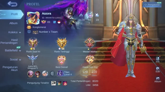 Hero 129|Skin 220|KOF Karina|CC Natalia|Dtamer Kimmy|Epic Terizla Rafaela Moskov Lancelot Roger Change|Venom Dyrroth ML162B