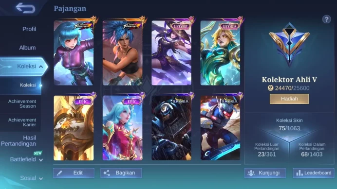 Hero 44|Skin 75|KOF Aurora Karina|Luckybox Fanny Eudora|Epic Harley Uranus Carmilla|Blazing Layla ML175B