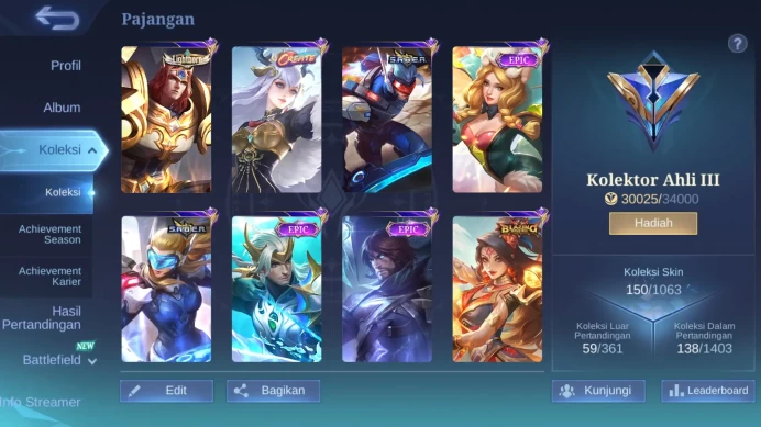 Hero 79|Skin 150|CC Natalia|Lightborn Tigreal|Create Odette|Epic Zilong YSS|Blazing Esme|Venom GS Angela|Dtamer Valir ML228B