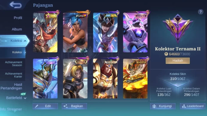 Hero 131|skin 310|kof karina|star annual hayabusa|luckybox uranus|Cc natalia |lightborn tigreal | blazing layla |ML303B