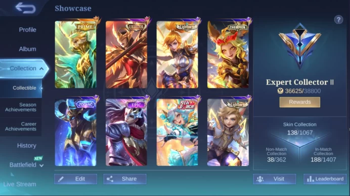 Hero 78 | Skin 138 |Prime Granger | Collector Pharsa | LB Fanny | Champion Joy | Zodiac Martis | Epic Lance | LB Harith |ML312B