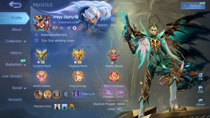 Hero 78 | Skin 138 |Prime Granger | Collector Pharsa | LB Fanny | Champion Joy | Zodiac Martis | Epic Lance | LB Harith |ML312B