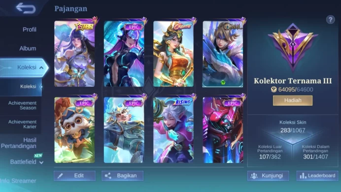 Hero 131 | skin 283 | kof karina | star annual kagura | cc natalia|epic nana | 9th pace fanny | epic zilong | epic freya |ML325B