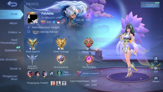 Hero 131 | skin 283 | kof karina | star annual kagura | cc natalia|epic nana | 9th pace fanny | epic zilong | epic freya |ML325B