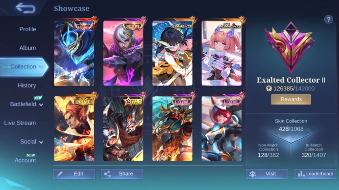 Hero 131|Skin 428||Legend Gusion|Cc Benedetta|Aspirants Ruby+Angela|KOF Aurora |Transfor Roger+Aldous|Panda Thamuz |ML327B