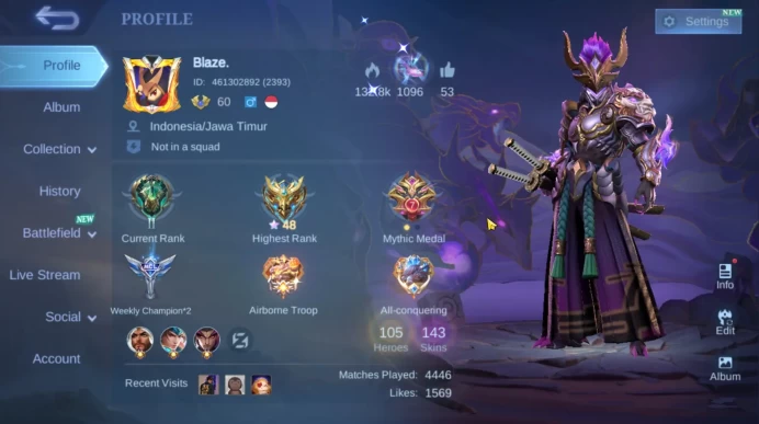 Hero 105 | Skin 143 | Emblem All max | KOF Karina | LuckyBox Saber | Epic Lancelot | Epic Zilong | ML379B