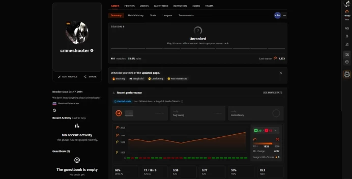 CS485 FACEIT Level 9 before reset (just needs placement matches to show rank again), 491 Matches, 1933 ELO, No Prime, 700+ Hours in CS2