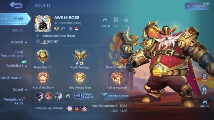 Hero 92 | skin 95 | cc natalia | blazing franco +esmeralda |saint seiya badang silver | saber saber | ML421B