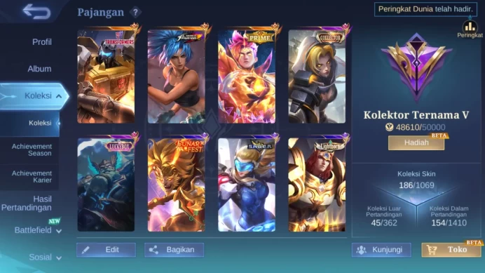 Hero 107|skin 186|kof karina|transformers roger|prime claude|cc natalia|luckybox franco|lunar fest sun|lightborn harith|ML422B