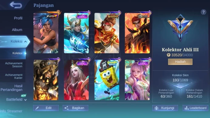 Hero 131 | skin 193 | kof karina | spongebob cyclops | epic yss+vexana|dragon tamer masha |  blazing claude | ML430B