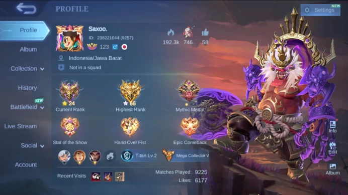 Hero 131|Skin 481|Legend Franco+Gusion|KOF Gusion+Masha+Karina|3 Prime|11.11 Nolan|4 Collector|10Luckybox+Zodiac|ML453B