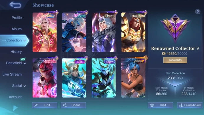 Hero 131 | Skin 233 | Sparkle Fredrinn | Mworld Ling | Lightborn Tigreal | Zodiac Selena | KOf Karina | Valentine Claude |ML470B