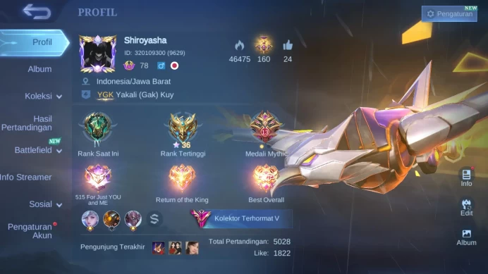 Hero 131|Skin 321|Legend Saber|TF Roger|KP Thamuz|Sanrio Floryn|LB Miya+Chang'e|Cc Natalia|SA Karrie+Lesley|9 Zodiac|ML490B