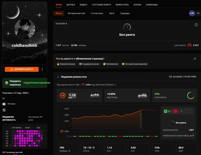 CS503 FACEIT Level 10 before reset - just needs placement matches to show rank again, 2537 Elo, 1317 Matches, STEAM LEVEL 63, 11 Medals, Prime