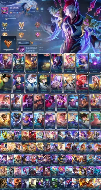 ML34//Epic Level 126 Winrate 52% 131 Heroes 531 Skins LEG ALPHA GREENKA SABRE ZENITH SELENA DUCATI LEO IRITIEL FULL HUNTER FULL COFFEE