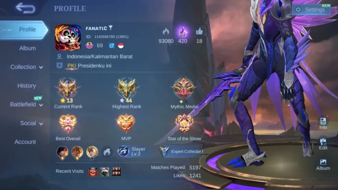 Hero 131 | Skin 198 | Collector Natalia | Lighborn Tigreal | Blazing Franco | Songebob Cyclops | Lunar Chang e |  |ML565B