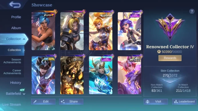 Hero 131|Skin 270|KOF Karina|CC Natalia|Meow Julian Lesley Silvanna|Saint Seiya Badang (Silver)|Lightborn Fanny Tigreal ML650B