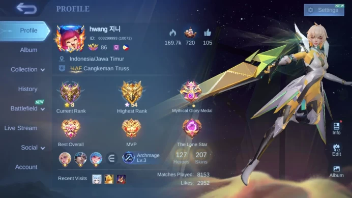 Hero 127|Skin 207|KOF Karina|Prime Beatrix|M3 Roger|Dtamer Valir Ling|Lightborn Tigreal|Blazing esme|Epic YSS Lancelot ML653B