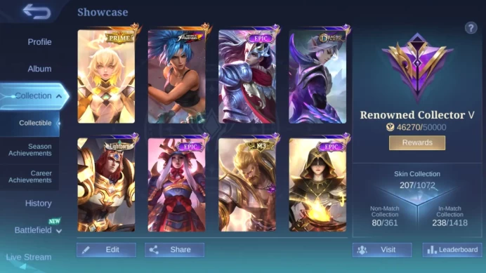 Hero 127|Skin 207|KOF Karina|Prime Beatrix|M3 Roger|Dtamer Valir Ling|Lightborn Tigreal|Blazing esme|Epic YSS Lancelot ML653B