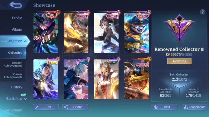 Hero 118|Skin 213|Legend Miya|KOF Karina|Sanrio Floryn|CC Natalia|Luckybox Akai Martis Guinevere|Annual Lesley|Lunar Sun ML677B