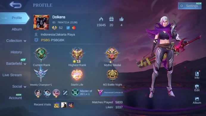 Hero 127|Skin 263|KOF Karina|CC Benedetta Yu Zhong|Luckybox Akai Zilong Martis Selena Kimmy|M3 Roger|M4 Beatrix ML688B