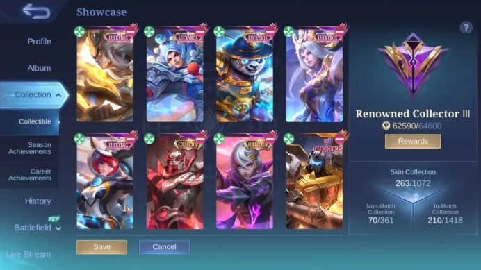 Hero 127|Skin 263|KOF Karina|CC Benedetta Yu Zhong|Luckybox Akai Zilong Martis Selena Kimmy|M3 Roger|M4 Beatrix ML688B