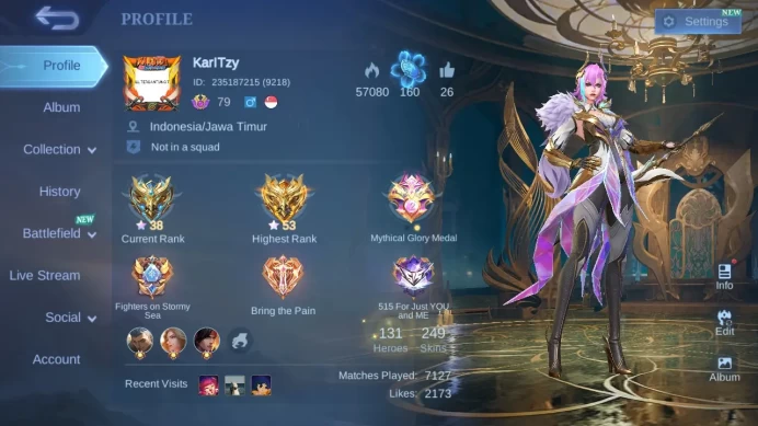 Hero 131|Skin 249|Glory|KOF Karina|CC Benedetta|Stun Chou|Zodiac Hilda|Dtamer Ling|Lightborn Harith|Blazing Layla Franco ML700B