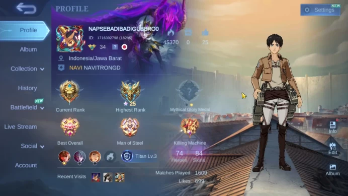 Hero 74|Skin 84|AOT Yin|Saint Seiya Badang|Blazing Franco|Epic YSS Roger Harley Lancelot Kagura Chang'e ML728B
