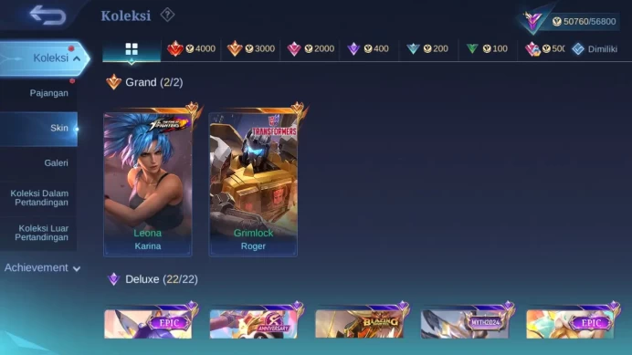 Hero 130|Skin 247|KOF Karina|Transformers Roger|Peace Fanny|Meow Julian Lesley|Dtamer Ling|Lightborn Fanny|Saber Layla ML730B