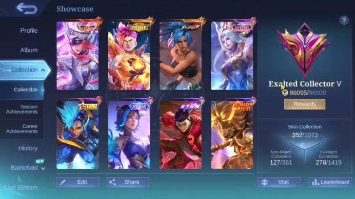 Hero 131|Skin 352|Legend Freya|KOF Karina|Prime Claude|Luckybox Selena|Annual Karrie|Stun Chou|Zodiac Lunox Hilda ML734B