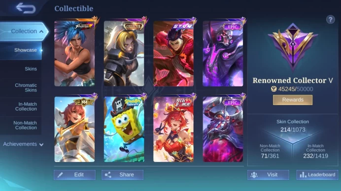 Hero 131|Skin 214|CC Nata|Peace Fanny|Stun Chou|M4 Beatrix|Epic Limited Roger|Dtamer Ling Kimmy|Venom GS|Blazing Claude ML736B