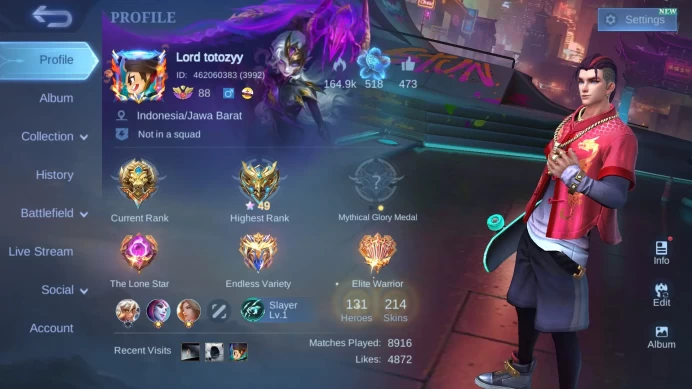 Hero 131|Skin 214|CC Nata|Peace Fanny|Stun Chou|M4 Beatrix|Epic Limited Roger|Dtamer Ling Kimmy|Venom GS|Blazing Claude ML736B