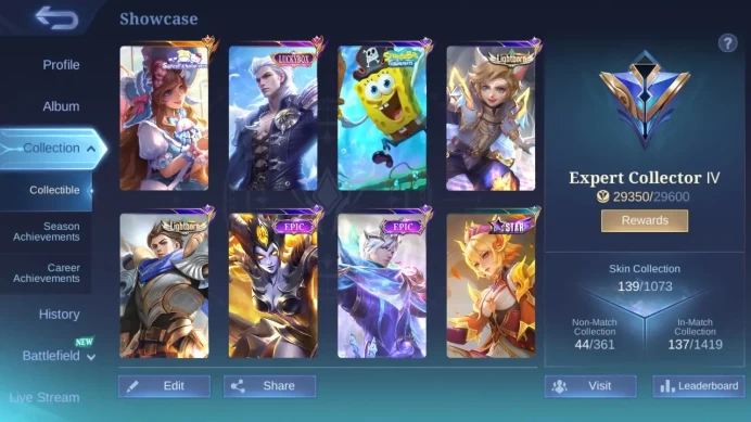 Hero 89|Skin 139|Sanrio Floryn|Luckybox Alucard|Spongebob|Dtamer Kimmy|Lightborn Alu Harith|Blazing Claude|Epic Harley ML766B
