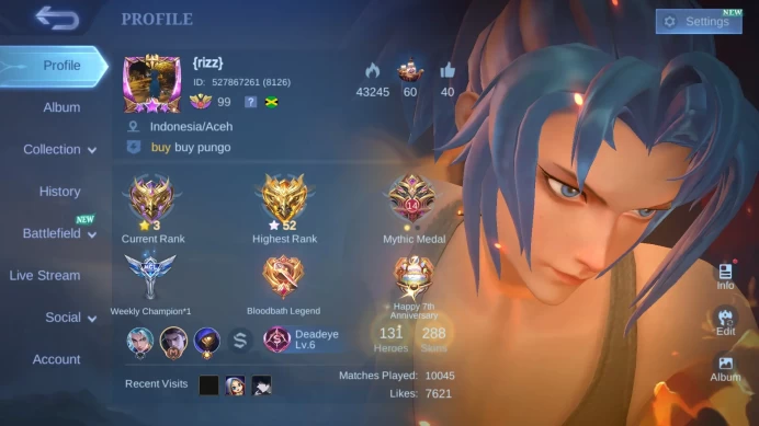 Hero 131 Skin 288|KOF Karina|M6 Claude|CC Nata|Annual Lesley|Peace Fanny|Lightborn Alucard|SaberJohnson ML770B