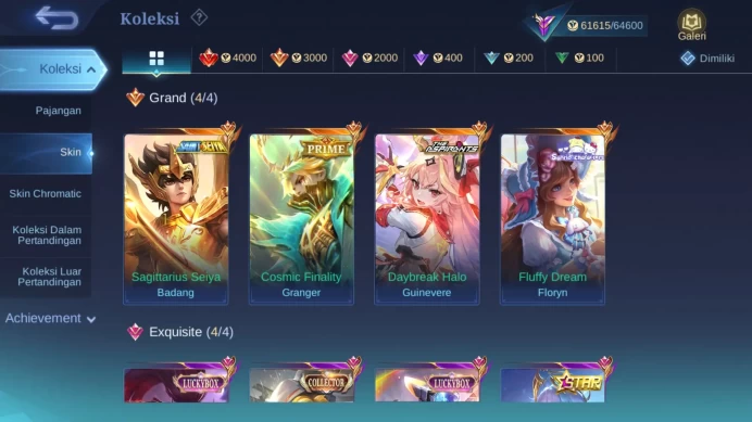 Hero 100|Skin 194|Seiya Badang Gold|Aspirants Guin|Prime Granger|Luckybox Haya Irithel|Zodiac Irithel Martis Lunox ML921B