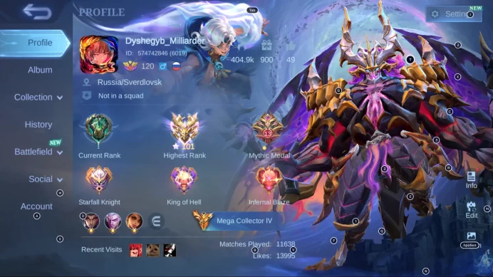 ML41//MG140 Top Rank Mythical Immortal 101 Stars; LEGEND Franco, Gusion, Valir, Granger; Infernal Moskov