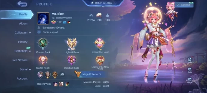 ML43//Mythical Immortal Level 122 Winrate 51% 131 Heroes 437 Skins