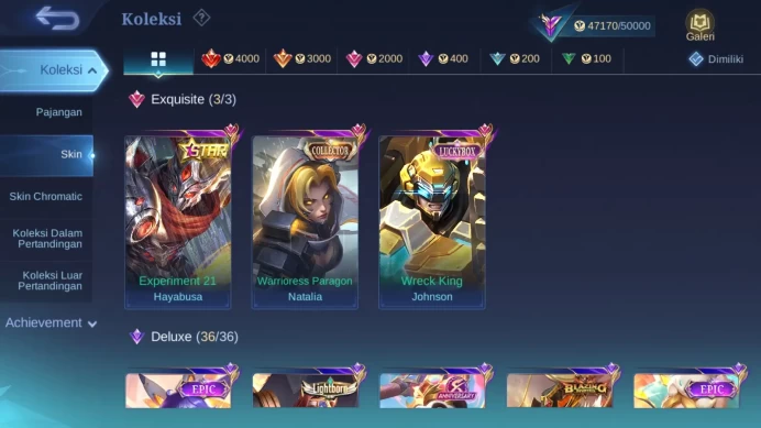 Hero 78 | Skin 194 | Luckybox Johnson | Annual Hayabusa | Lunar Sun | Zodiac Helcurt | M7 Granger ML1107B