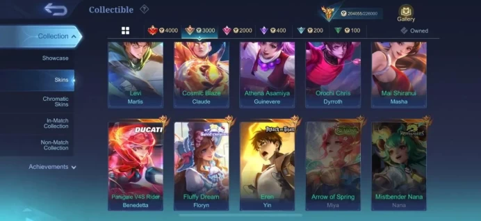 ML44//Top Rank Mythic Glory 76 stars; LEGEND Franco, Miya, Lesley; Eren, Levi; Ducati Benedetta; 6 Kof