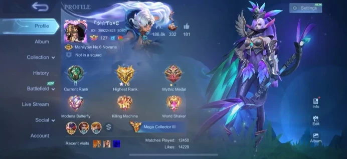 ML44//Top Rank Mythic Glory 76 stars; LEGEND Franco, Miya, Lesley; Eren, Levi; Ducati Benedetta; 6 Kof