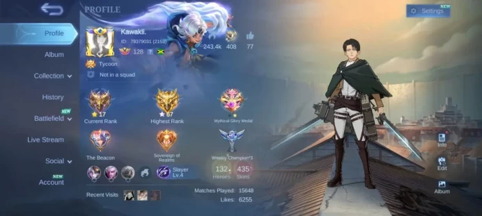 ML49//Mythic Level 128 Winrate 47% Heroes 132 Skins 435 Mega collector leg 2 Naruto Haya Soul 2 KOF 2 asp Guinever PRM 2 attack titan 2 Leo vali